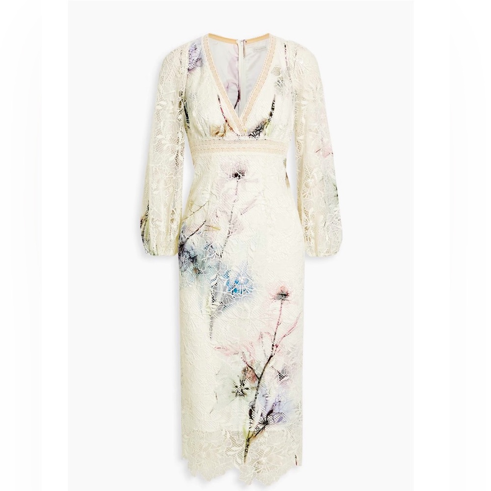 Monique Lhuillier Ivory Floral Lace Midi Dress with Pastel Accents